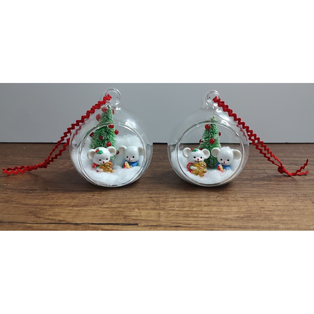 Handmade Glass Diorama Christmas Ornaments Set Of 2 Mouse Tree Snow OOAK